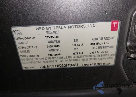 2016 Tesla Model S 60D/70D/75D/85D/90D из США, поврежденный, VIN 5YJSA1E20GF136887